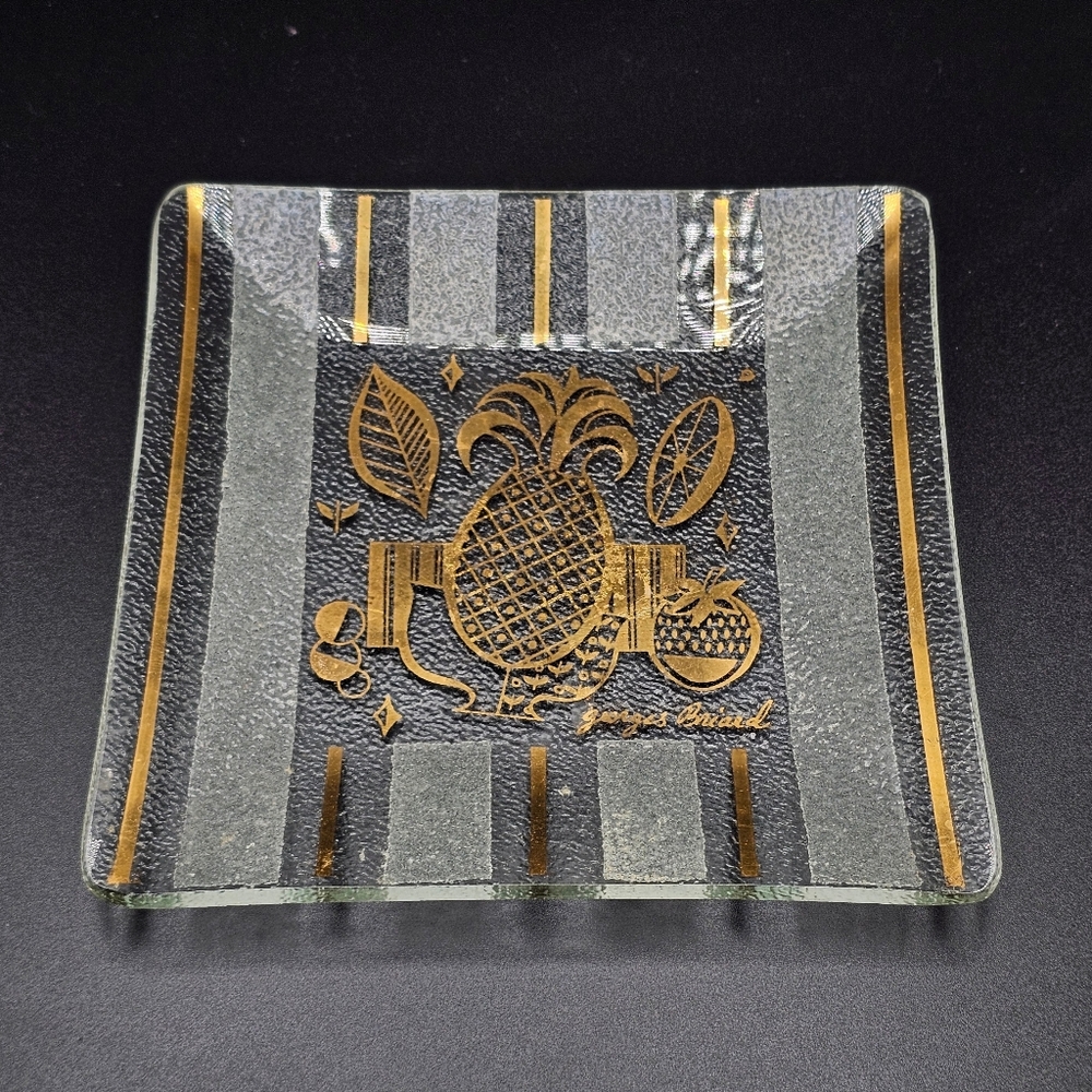 Georges Briard Square Glass 22k Gold Pineapple Ambrosia Tray Plate Candy Dish